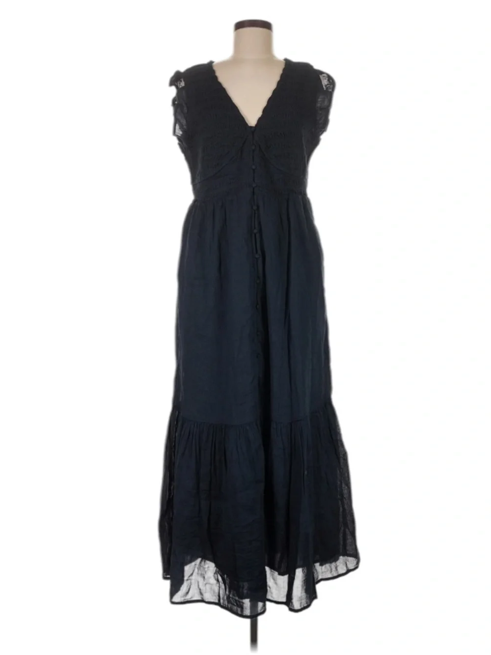 Quince Organic Textured Cotton Smocked V-Neck Midi Dress Size M Navy Wedding - Picture 2 of 10